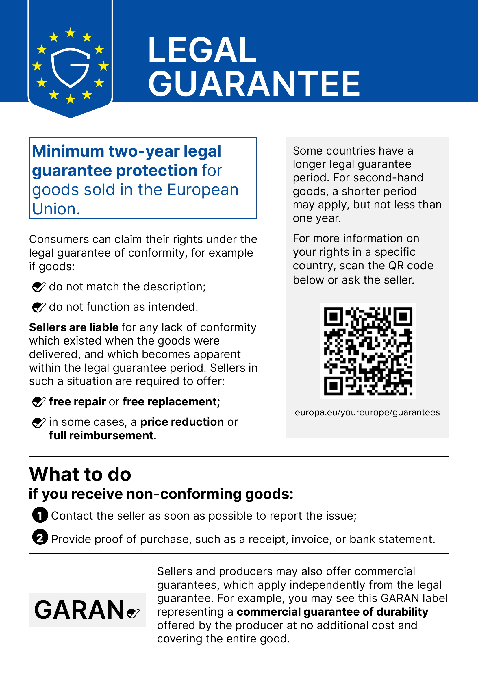EU harmonised notice on the legal guarantee: minimum two-year legal guarantee protection for goods sold in the European Union