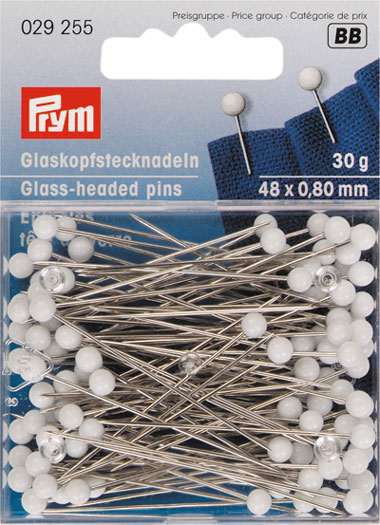White glass-headed pins 0,80 x 48 mm 30gr.