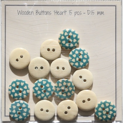 Hearts - Wooden Buttons - 15 mm - Blue