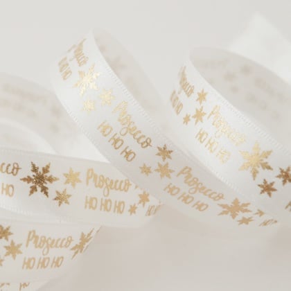 Metallic Prosecco Ho Ho Ho Ribbon 15mm - White/Gold