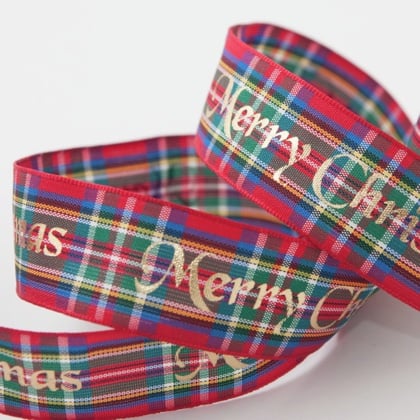 Tartan Metallic Merry Christmas Ribbon 15mm - Gold
