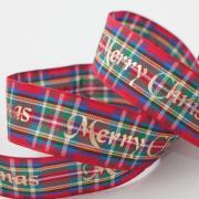 Tartan Metallic Merry Christmas Ribbon 15mm - Gold