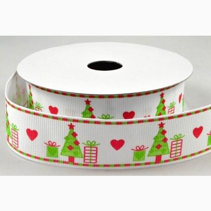 Ribbon 25mm - Christmas Grosgrain - White & Green