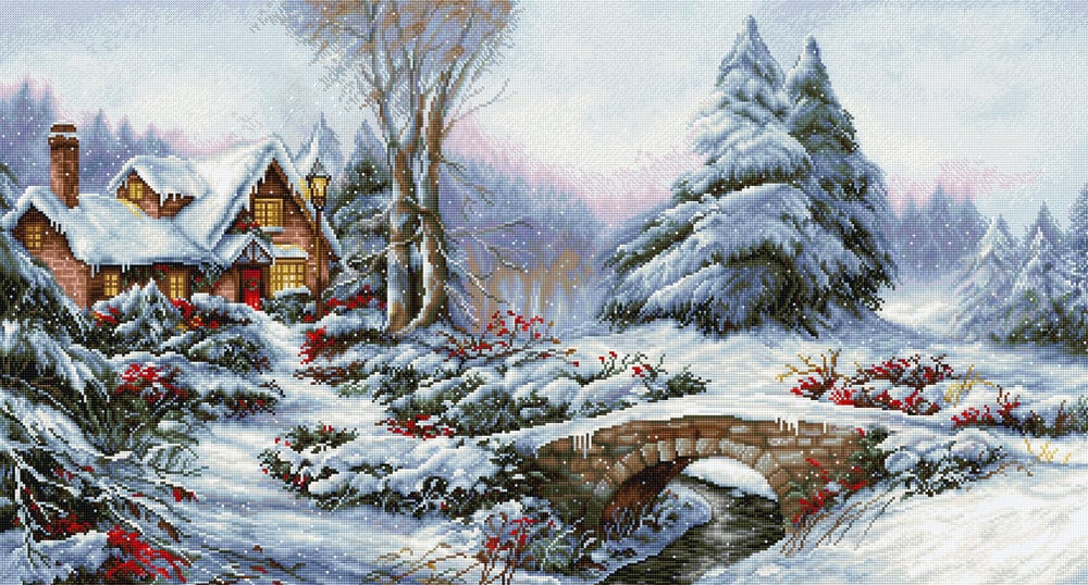 Winter cottage Winter hoop embroidery Winter Landscape cross stitch PDF cross stitch patterns Blue Landscape Winter Tiny House