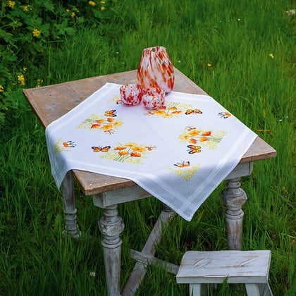 Squared Tablecloth - Orange Flowers and Butterflies