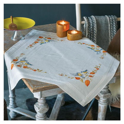 Squared Tablecloth - Chickadees with cape gooseberry