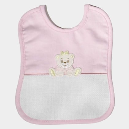 Bib with aida canvas pocket - Teddy Bear - Pink