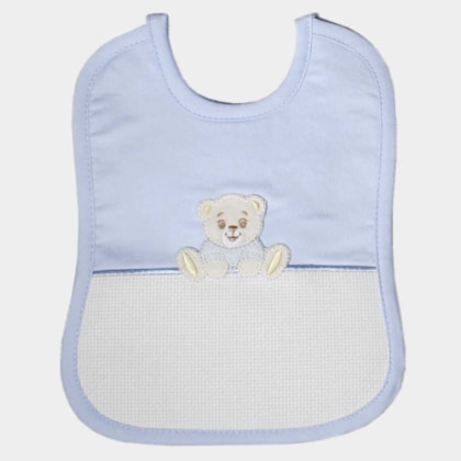 Bib with aida canvas pocket - Teddy Bear - Blue