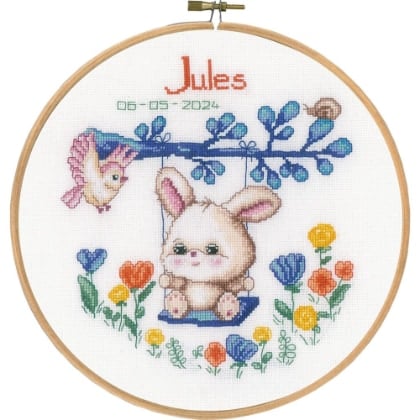 Birth Sampler - Rabbit on Swing