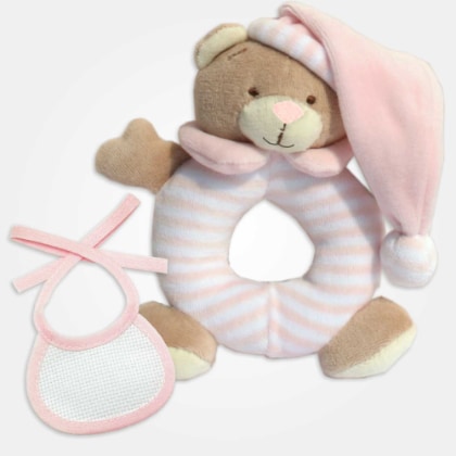 Ring Rattle Bear with Decorative Bib to Embroider - Pink