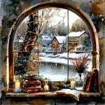 Christmas Window Magnet (Cabinwith snow and lake)