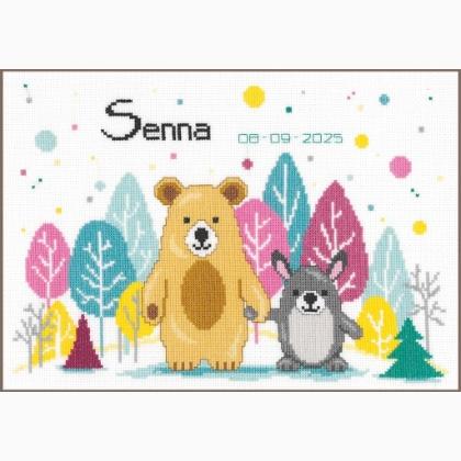 Birth Sampler - Bear and rabbit in forest