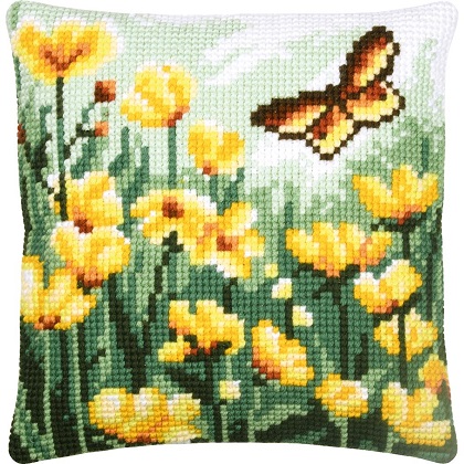 Cushion - Butterfly and yellow flowers