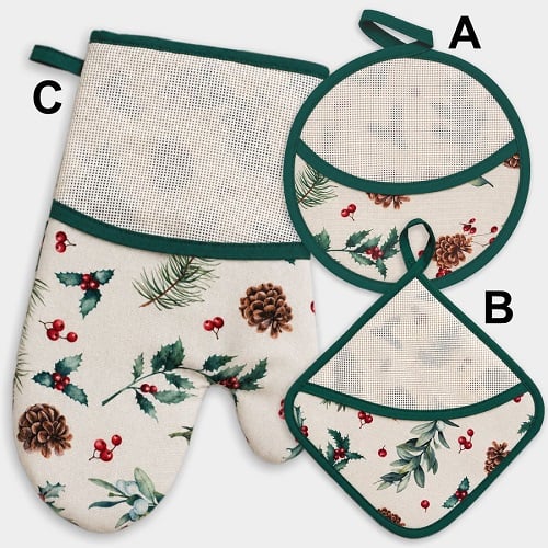 Kitchen Pot holders and glove set - Pine cones and holly