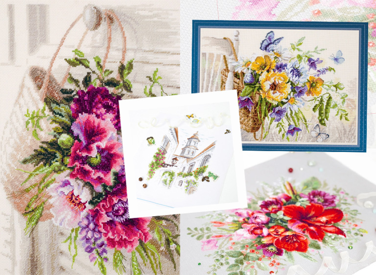 7 Cross Stitch Kits W/ Fabric & Thread Spring/Plants