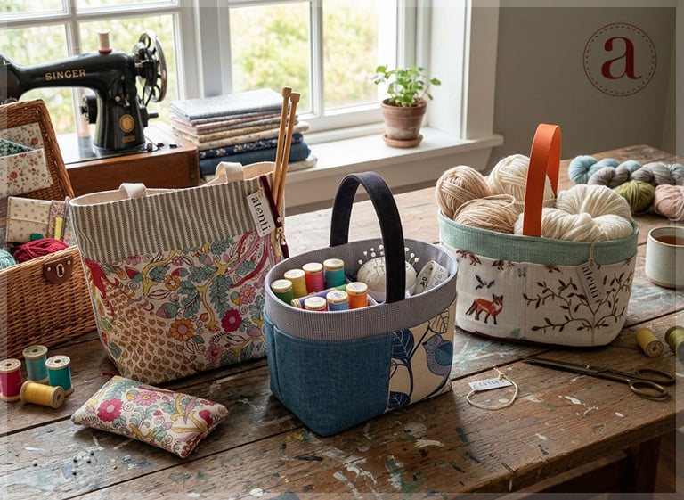 On the worktable, beside the old sewing machine, the Atenti bags stand up all by themselves: The Feather project tote in its bird-and-flower jacquard, the Indigo Garden Bird caddy with denim panels and indigo prints, and the Foxy Caddy with embroidered foxes, branches and a soft aqua tweed cuff.