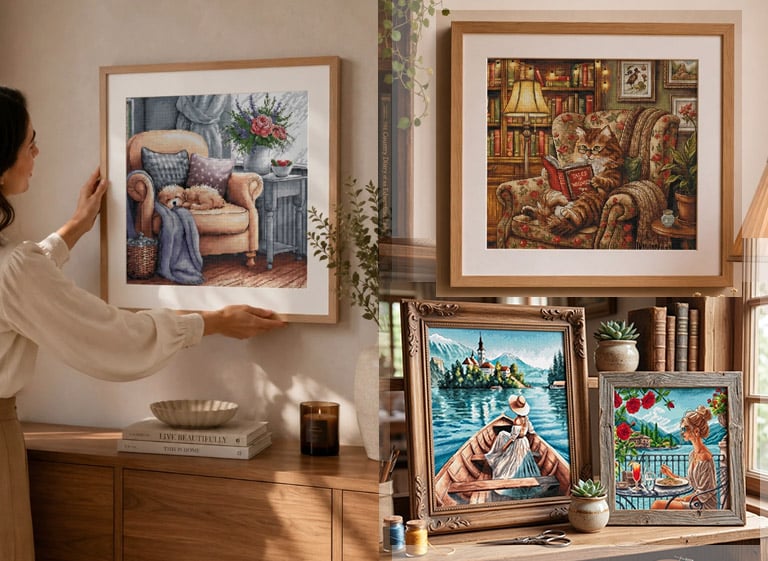 Ava Stitch embroidered artwork in a cozy living room