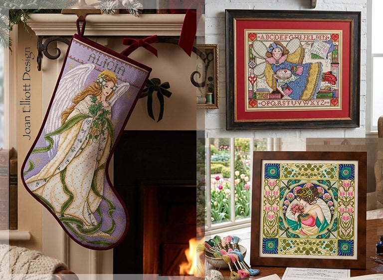 Joan Elliott cross stitch designs: Christmas stocking with angel, sampler with fairy and alphabet, art nouveau floral portrait.