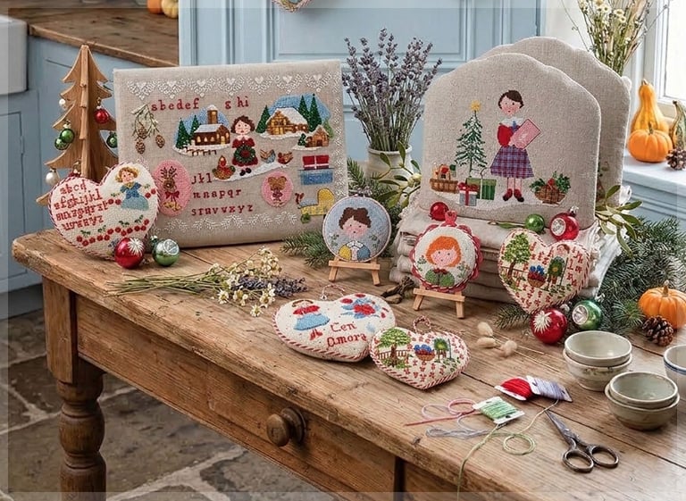 Lilli Violette Christmas cross stitch on linen: sampler with alphabet and snowy village, hearts and ornaments with little girls, chair-back cover with Christmas tree, on a rustic table among baubles and pumpkins.