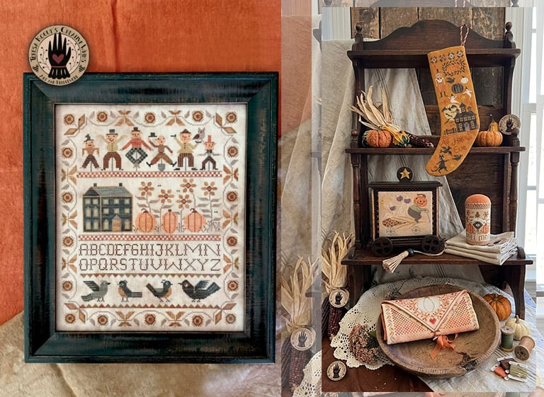 Folk art and Halloween cross-stitch designs by Teresa Kogut featuring a framed sampler, stocking, and autumn needlework decor.