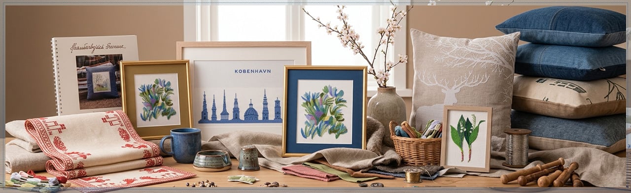 Display of Haandarbejdets Fremme cross-stitch embroideries including framed pictures, decorative cushions, and traditional linens on a crafting table.